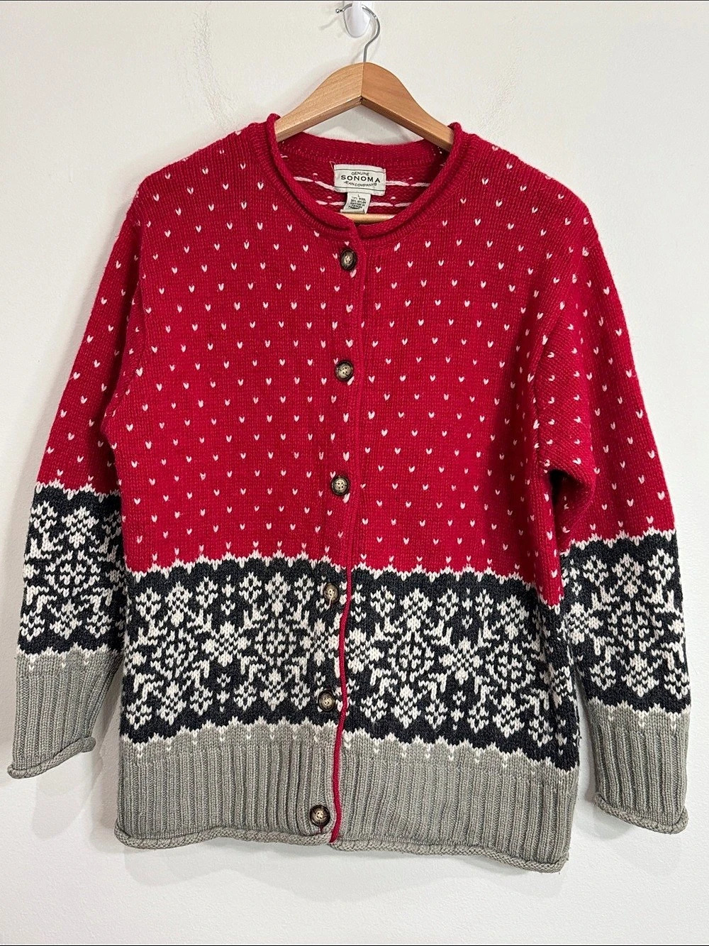 Vintage Grandpa Wool Blend Red&Gray Nordic Pattern Buttoned Chunky Cardigan L